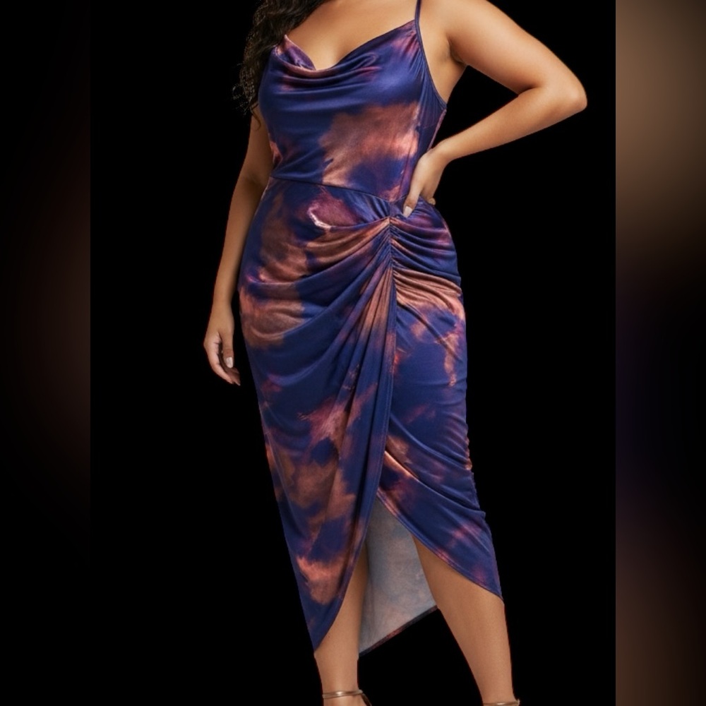 Boho Chic SHEIN purple maxi dress with cowl neck and ruched detail. 
Hanger 7